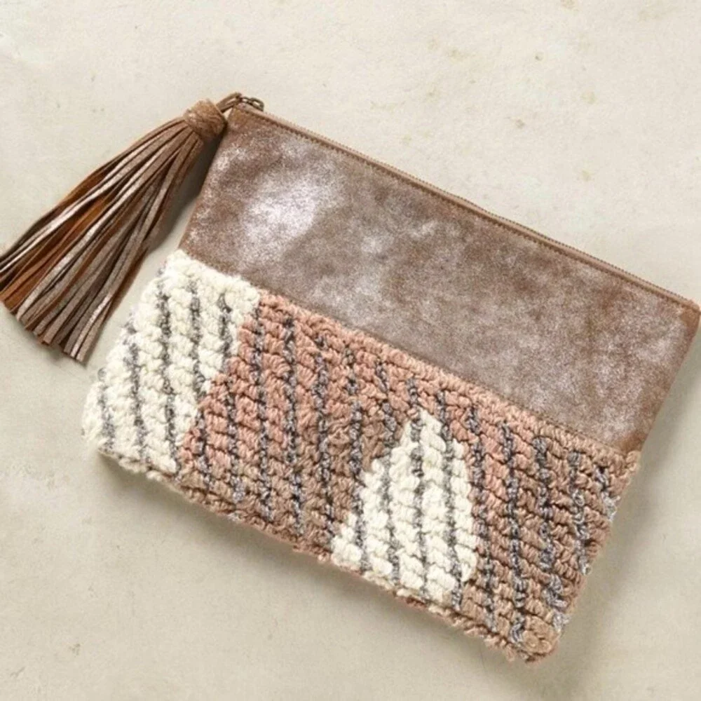 Anthropologie Jasper Jeera Woven Leather Tassled Clutch NWOT